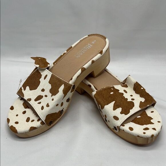 Leather Cowhide Pattern  Human Premium Slide On Heeled Sandals - Picture 1 of 6